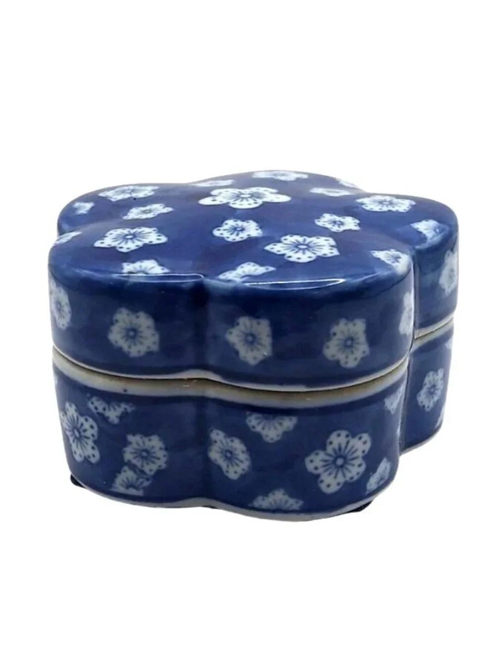Japanese Porcelain Trinket Dish Plum Blossom Cobalt Blue Floral Kogo Box Vintage